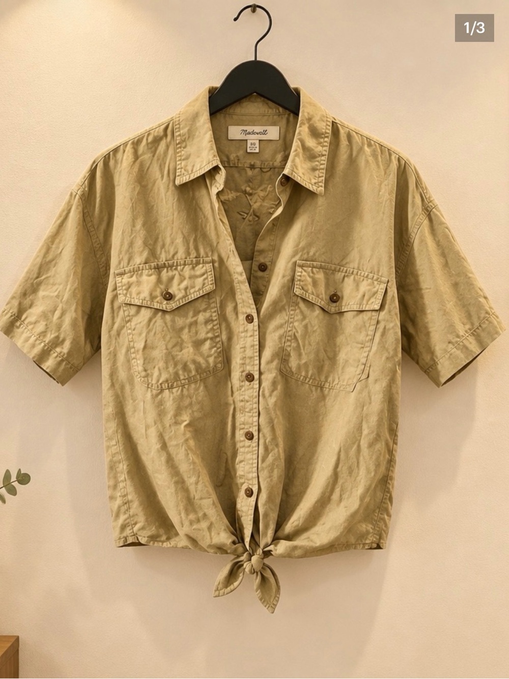 Madewell Short-Sleeve Tie-Hem Button-Front Shirt - Beige